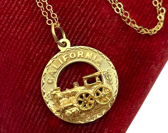 Vintage 12K Gold Filled California Souvenir Charm - 3D Bracelet or Pendant Train Locomotive Palm Trees by Crea Disc on 14K GF Chain Necklace