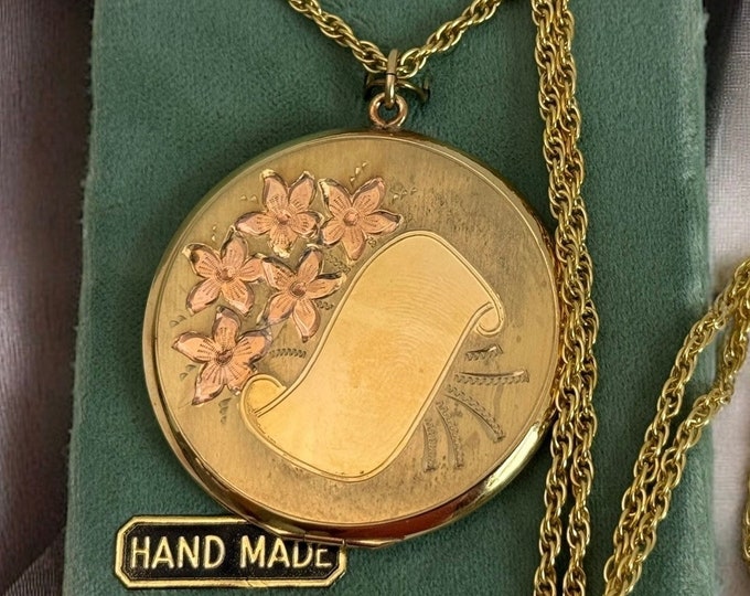 Vintage Gold Filled Large Round Locket - New Old Stock - Fisher 12K GF Flowers Necklace Pendant Ca 1940s Etched 2 Photo w/ JMF Co Hand Made