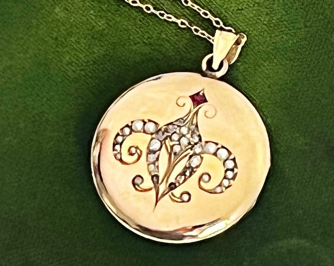Antique Gold Plated Round Locket w/ Red & Clear Paste Stones w/ Seed Pearls 14K Rose GF Chain - Vintage 2 Photo Pendant Estate Jewelry