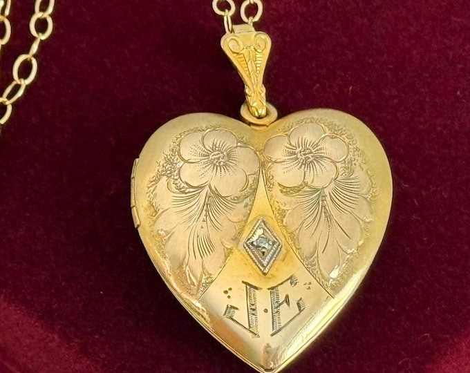 Vintage 10K PS Co Gold Filled Etched Heart Locket w/ GF Chain, 2 Photo Necklace