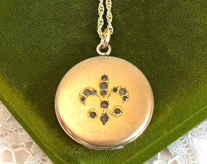 Vintage Gold Filled Locket – Fleur de Lis Paste Stones, 14K GF Chain