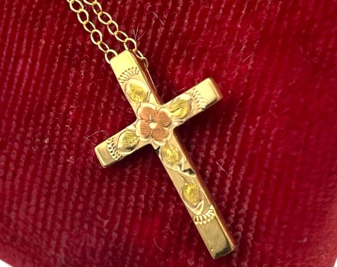 Vintage Gold Filled Etched Cross - Marathon Hallmark 14K GF Chain Tricolor 1950s Retro Religious Christian Pendant Necklace Jewelry Gift