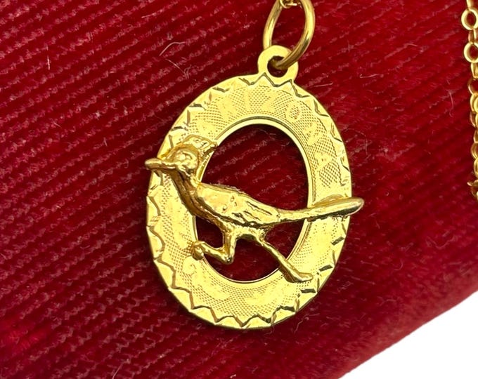 Vintage 12K Gold Filled Arizona Souvenir Charm - Oval 3D Bracelet or Pendant Road Runner Bird by Crea Disc on 14K GF Chain Necklace