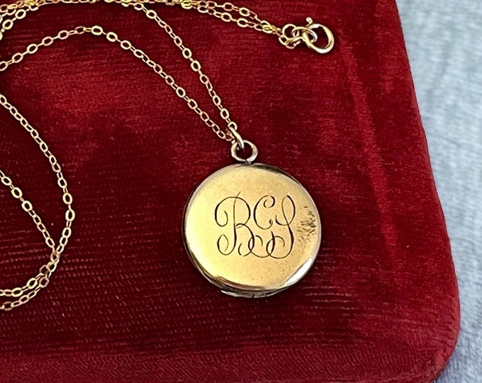 Antique Gold Filled Locket Necklace 14K GF Chain - Round Engraved Pendant Ca 1800s Early 1900s w/ BGL Monogram - Victorian Estate Jewelry