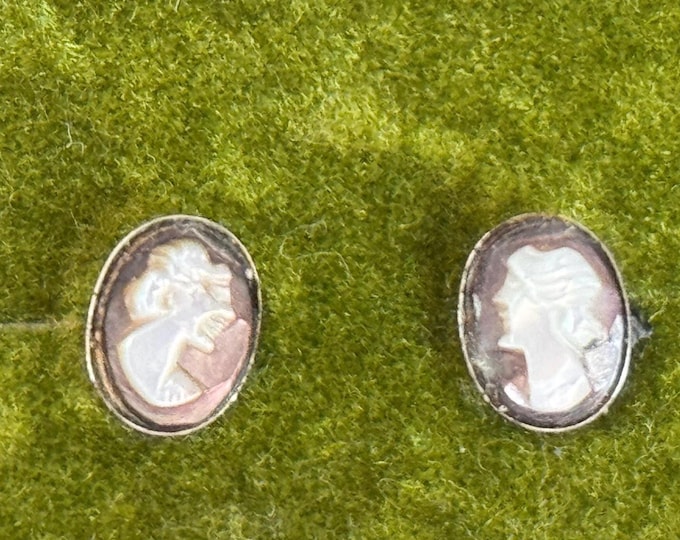 Vintage 12K White Gold Filled Danecraft Cameo Post Earrings - Man & Lady Profile - Mid century Estate Jewelry - Gift Woman Girl - Small Oval