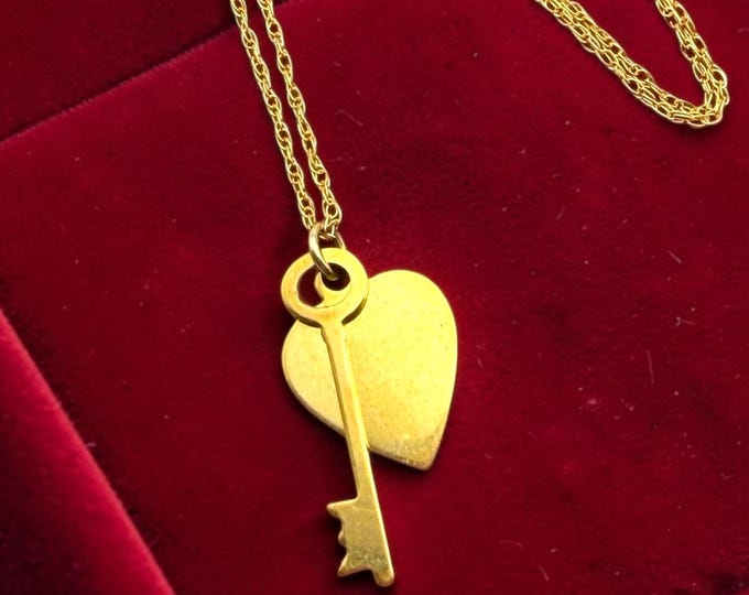 Vintage 12K GF Heart Key Pendant Necklace: 14K GF Chain, Danecraft Love Jewelry