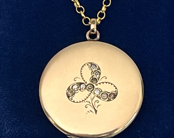 Antique Bates & Bacon Large Three Leaf Clover w/ Paste Locket - 14K Gold Filled Round  14K GF Rolo Chain - Necklace Ca 1900s - B and B Luck