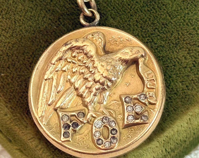 Antique Art Nouveau Photo Locket, FOE Eagle Paste Gems, S&BL Co, 14K GF Chain