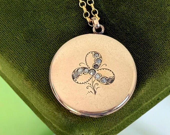 Antique 14K Gold Filled Clover Shamrock Locket Necklace, Bates & Bacon, Paste Stones