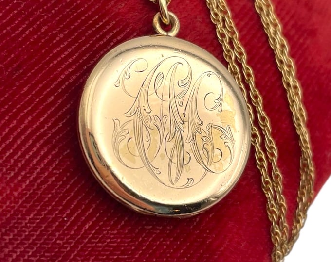 Antique Large Round Gold Filled Locket “MC” Monogram Dated 1909 -  L.M. & Co. Hallmark - Photo Pendant Necklace AZ 12K GF Chain Jewelry