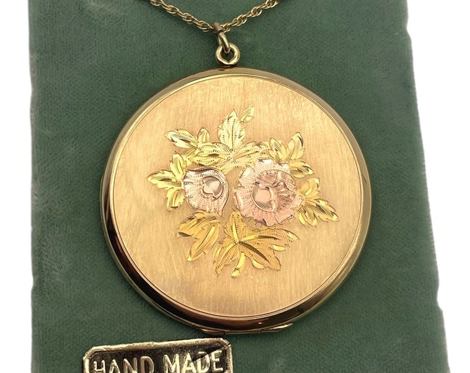 Vintage Gold Filled Large Round Locket - New Old Stock - Fisher 12K GF Flowers Necklace Pendant Ca 1940s Etched 2 Photo w/ JMF Co Hand Made
