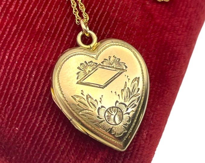 Vintage 10K Gold Filled Heart Locket Necklace: Etched Rose, 18'' GF Chain