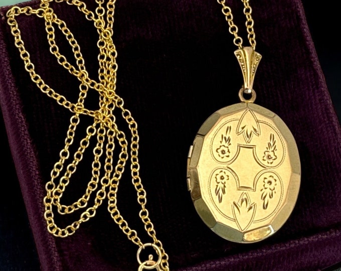 Vintage 12K Gold Filled Etched Oval Locket on 14K GF Chain - 2 Photo Pendant Necklace w/ Emerson Hallmark - Retro Estate Jewelry ca 1940s