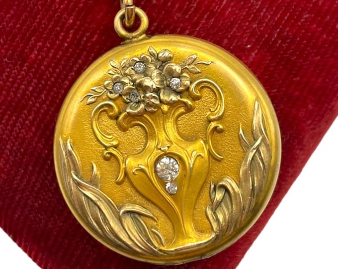 Antique Art Nouveau Gold Filled Repousse Paste Gemstone Locket - Vintage Letter EE Monogram Large Round Photo Necklace 14K GF Chain
