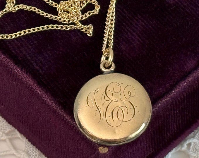 Antique Gold Filled Round Photo Locket w/ CQ&R Mark on 14K GF Chain - Vintage Pendant - FES Initials 2 Photo Wells - ca 1900s Estate Jewelry