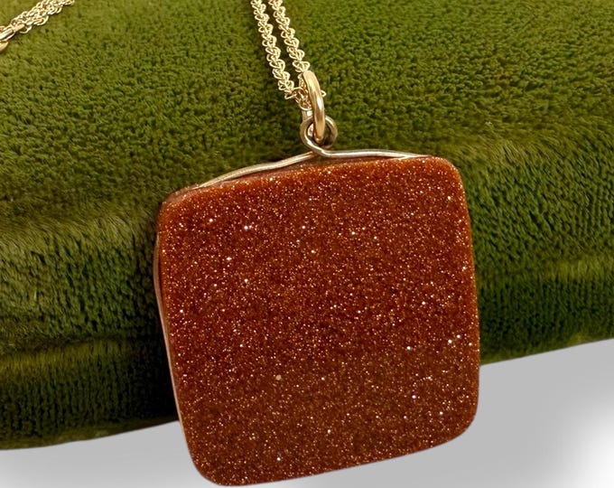 Vintage Goldstone Pendant Necklace: Square Pendant 14K Gold Filled Chain, Stone Charm