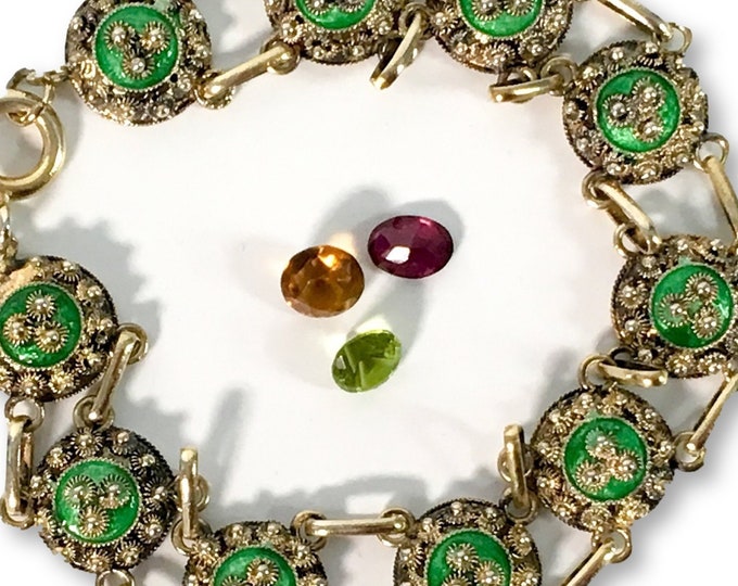 Antique Vermeil Links & Green Enamel Rounds Etruscan Bracelet - 18K Gold over 925 Silver - Vintage Victorian Jewelry Ornate Links Late 1800s