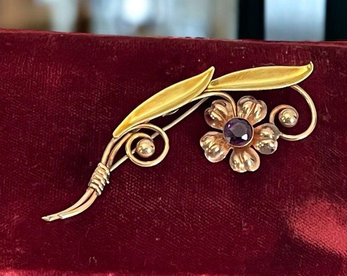 Vintage 12K Gold Filled Van Dell Brooch - Retro Era Flower Floral Pin w/ Purple Simulated/Glass Amethyst - Woman Accessory Estate Jewelry