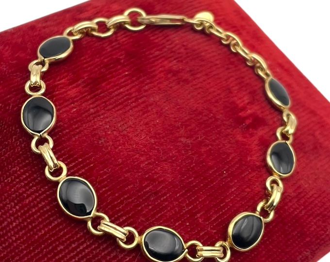 Vintage 14K Gold Filled Bracelet - GF Links Bezel Set Black Stone Gold Link by Carla Hallmark - Retro Estate Jewelry Gift for Her