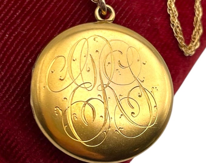 Vintage Gold Locket - Antique Large Round Gold Filled Necklace with “ERT” "CPA" Monogram Photo Pendant on 14K GF Chain 1900s Estate Jewelry