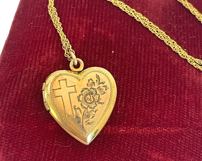 Vintage Etched Heart 12K Gold Filled Locket Flowers Cross 12K GF Chain - Gifts for Her 2 Photo Compartments - Retro Vintage Religious Photos