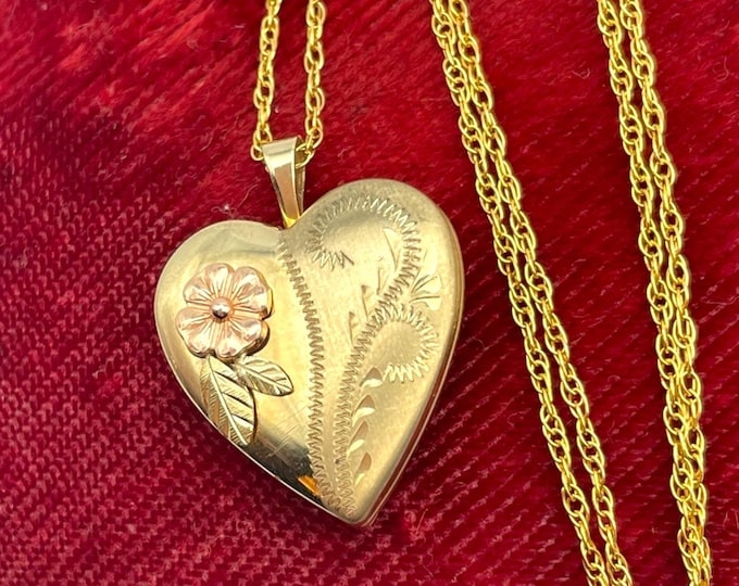 Vintage 14K GF Heart Locket Necklace - CCO Coleman Company Black Hills Gold Tricolor Floral Etched Pendant Charm Jewelry Flower Photography