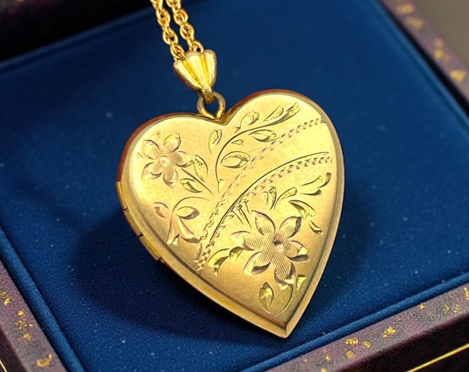 Vintage 12K Gold Filled Heart Locket Necklace - Speidel Etched Floral Keepsake