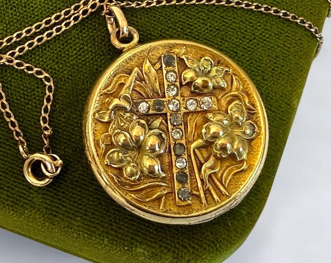 Antique Art Nouveau Round Gold Plate Locket on GP Chain - Vintage Religious 2 Photo Pendant Necklace Floral w/ Paste Stones W&SB Mark ca 190