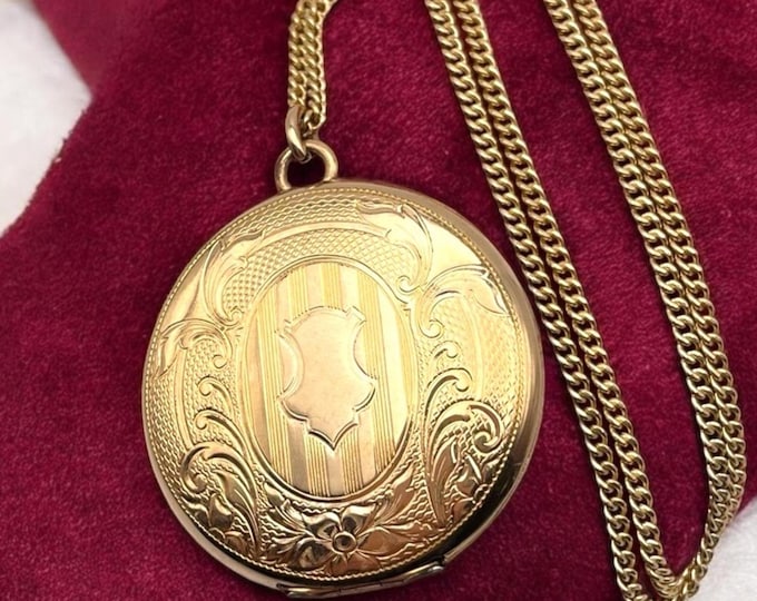 Art Nouveau 12K Gold Filled Round Locket Necklace - FHS Co Hallmark Large Photo Pendant on 14K GF Chain Antique Estate Jewelry Early 1900s