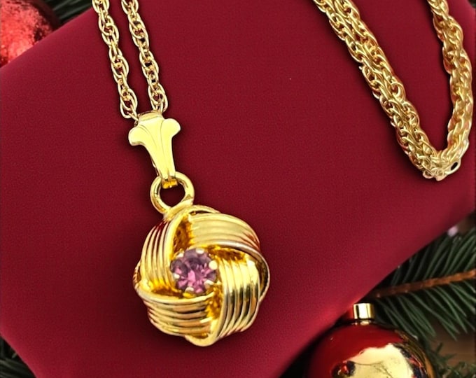 Vintage Love Knot Necklace: with Purple Rhinestone Center on 14K Gold Filled Chain