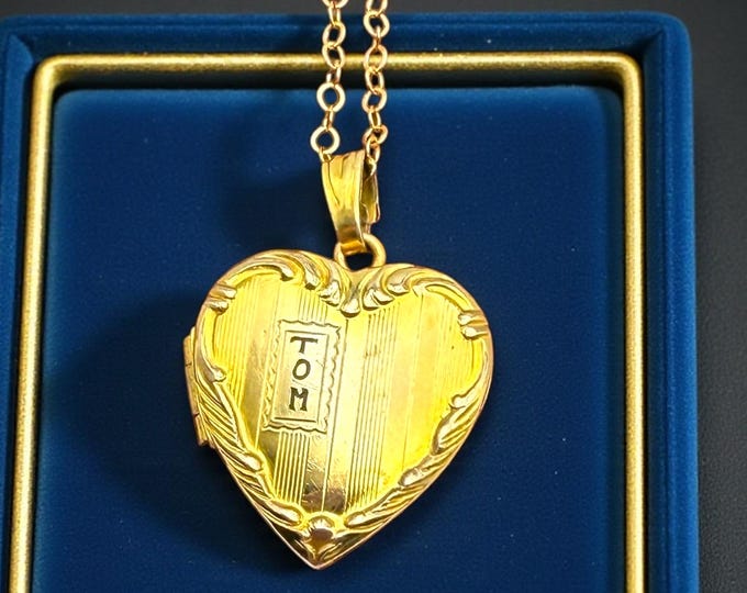 Vintage 12K Gold Filled Heart Locket Necklace: Monogram TOM, Etched Floral Pendant