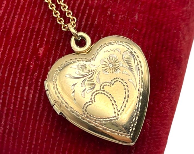 Vintage Gold Heart Locket - Vermeil 12K GF over Sterling Necklace with Etched Flowers Double Heart Keepsake Jewelry Gold Filled Gift For Her
