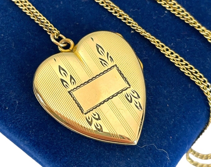 Vintage Heart Locket - Large Gold Filled Heart Etched Pinstripes Leaves - Mid Century 1940s Pendant Simmons GF Chain Jewelry Gift for Her