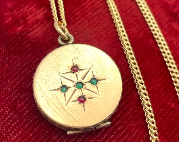 Antique Fob Locket Necklace - Round Gold Filled Pendant Green & Pink Paste Stones Etched Starburst Charm 14K GF Chain - Vintage Gift for Her