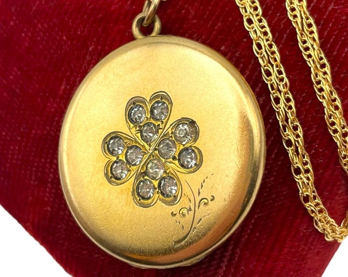 Antique Large Rhinestone Four Leaf Clover Locket - Monogram "TAD" Necklace by GLB & Co Gold Filled Round Necklace 14K GF Chain - Good Luck