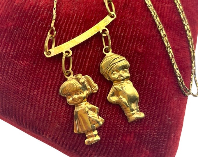 Vintage Children Bar Necklace - Boy and Girl Charm Two 2 Child Chain - GF S Hallmark Pendant Mom Retro Mother's Day Gift for Her