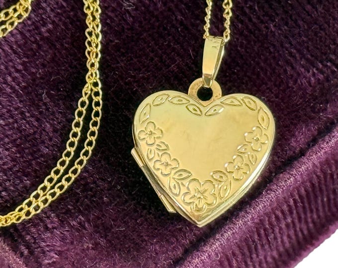 Vintage 10K Gold Heart Locket Necklace w/ Etched Floral Design w/ Germany Hallmark on 14K Gold Filled Chain - Estate Jewelry Gift Woman Girl