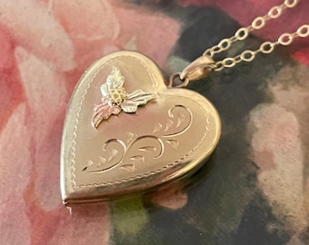Vintage 14K Gold Filled Heart Locket Necklace - 14K GF Hallmarked TK Tru-Kay Pendant Photo Charm Jewelry - Tricolor Black Hills Gold