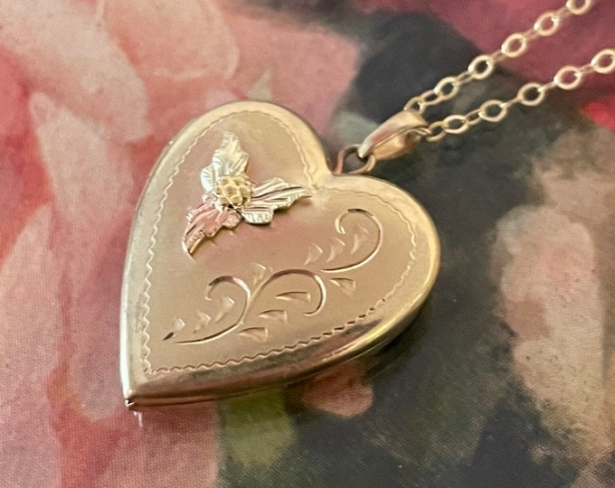 Vintage 14K Gold Filled Heart Locket Necklace - 14K GF Hallmarked TK Tru-Kay Pendant Photo Charm Jewelry - Tricolor Black Hills Gold