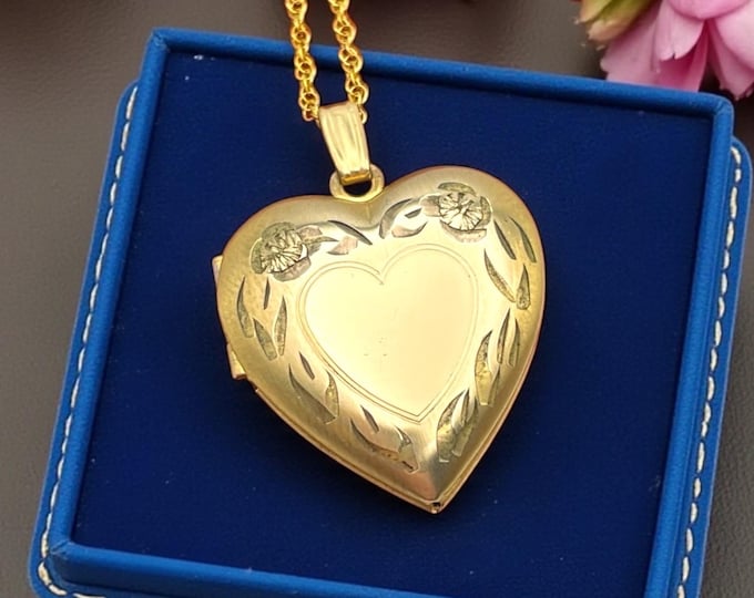 Vintage Heart Locket - 14K Gold Filled Necklace Etched Love Pendant on 14K GF Chain