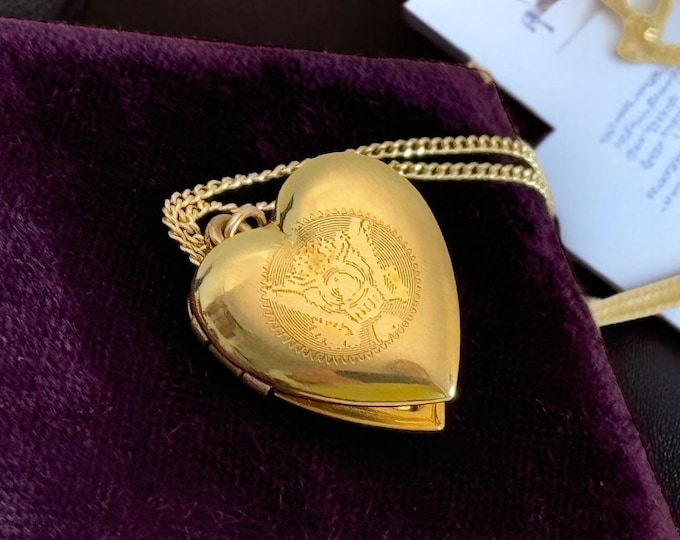 Vintage 10K Gold Filled Etched Heart Locket - Patriotic Eagle & Shield Pendant on 14K GF Chain - Great Seal of United States - 2 Photo Wells