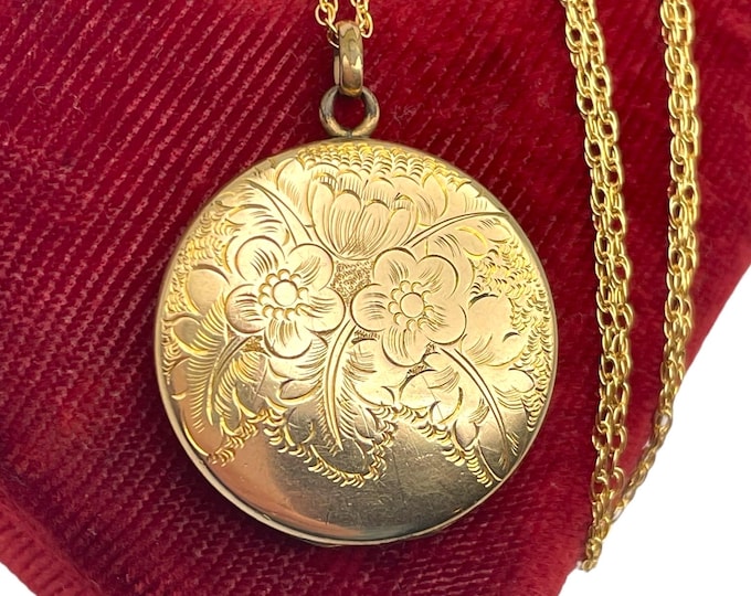 Antique Large Gold Filled Locket - Round Bates Bacon B&B Round Necklace 14K GF Chain Etched Flowers - Estate Jewelry 1910s Old Photos Gift
