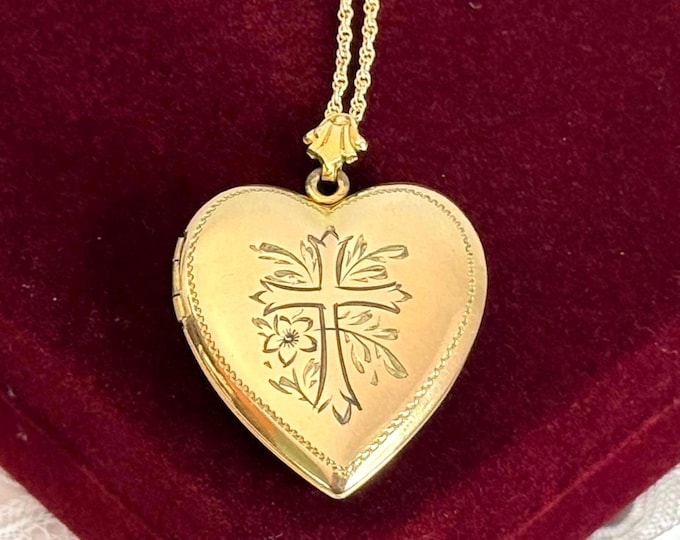 Vintage Etched Heart Gold Filled Locket w/ Cross 14K GF Chain: Religious Christian Necklace