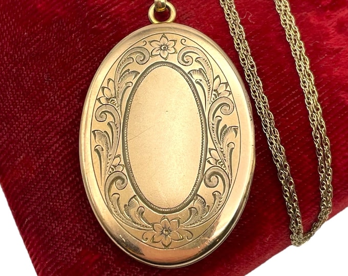 Antique Gold Filled Locket Necklace: Floral Etched Oval Pendant, 24" Chain