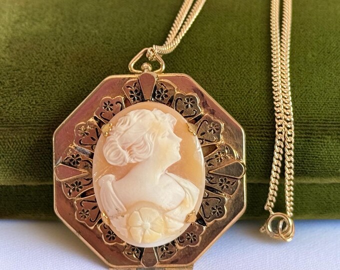 Vintage Large Cameo Locket - 8 Sided Octagon Necklace 2 Photo Wells - Raised Oval Woman Profile Pendant 14K GF Chain - Retro Estate Jewelry