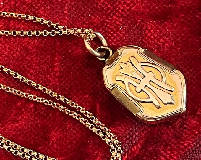 Vintage Gold Filled Locket w/ Raised Front & Etched Back - Unique Shape Pendant Necklace on 14K GF Rolo Chain - 2 Photo Estate Jewelry