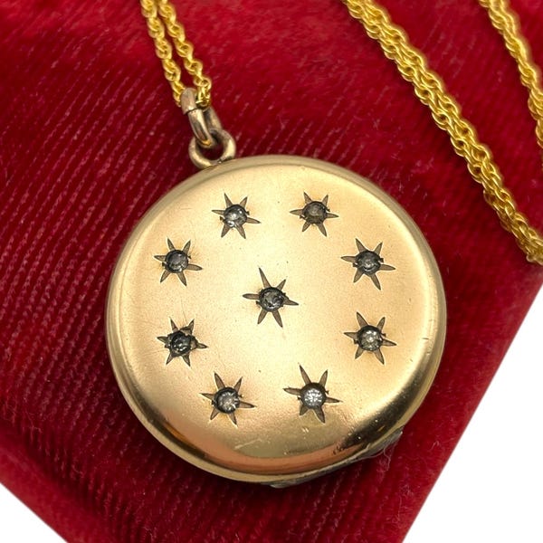 Antique Gold Filled Starburst Locket Necklace - with Rhinestones Monogram "Marie" on 14K GF Chain