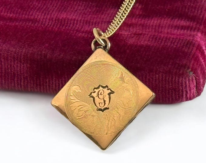 Antique Gold Filled Fob Locket Etched w/ Monogram LPG & Initial G - Vintage Diamond Shape on 14K GF Chain - Retro Estate Jewelry ca 1900s