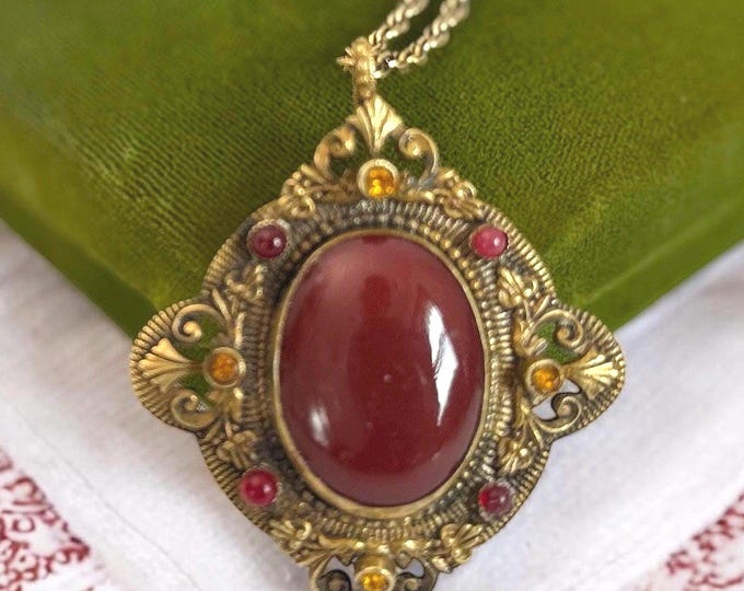 Vintage Victorian Revival Czech Glass Pendant Necklace w/ Red Yellow & Paste on LONG Brass Rope Chain - Costume Jewelry Made Czechoslovakia