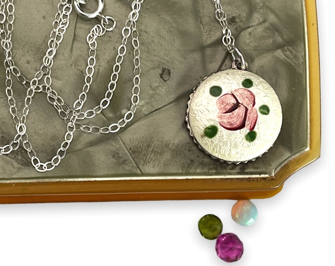 Antique Round Guilloche Pendant Necklace - Round White Enamel Pink Rose w/ Stem on 925 Chain - Dainty Retro Necklace dated 1972